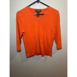 Orange Women's Size Petite/S Ralph Lauren Knit V Neck Sweater Long Sleeve.